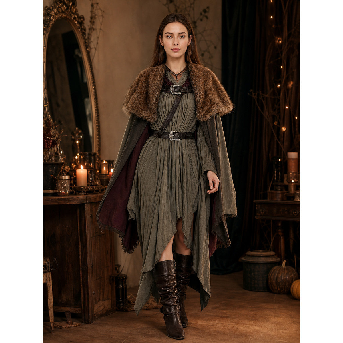 Brown Plush-Look Shoulder Shawl, Wide Draped Wrap With Symmetrical Shoulder Coverage, Single-Piece Costume Accessory For Dress Up Styling