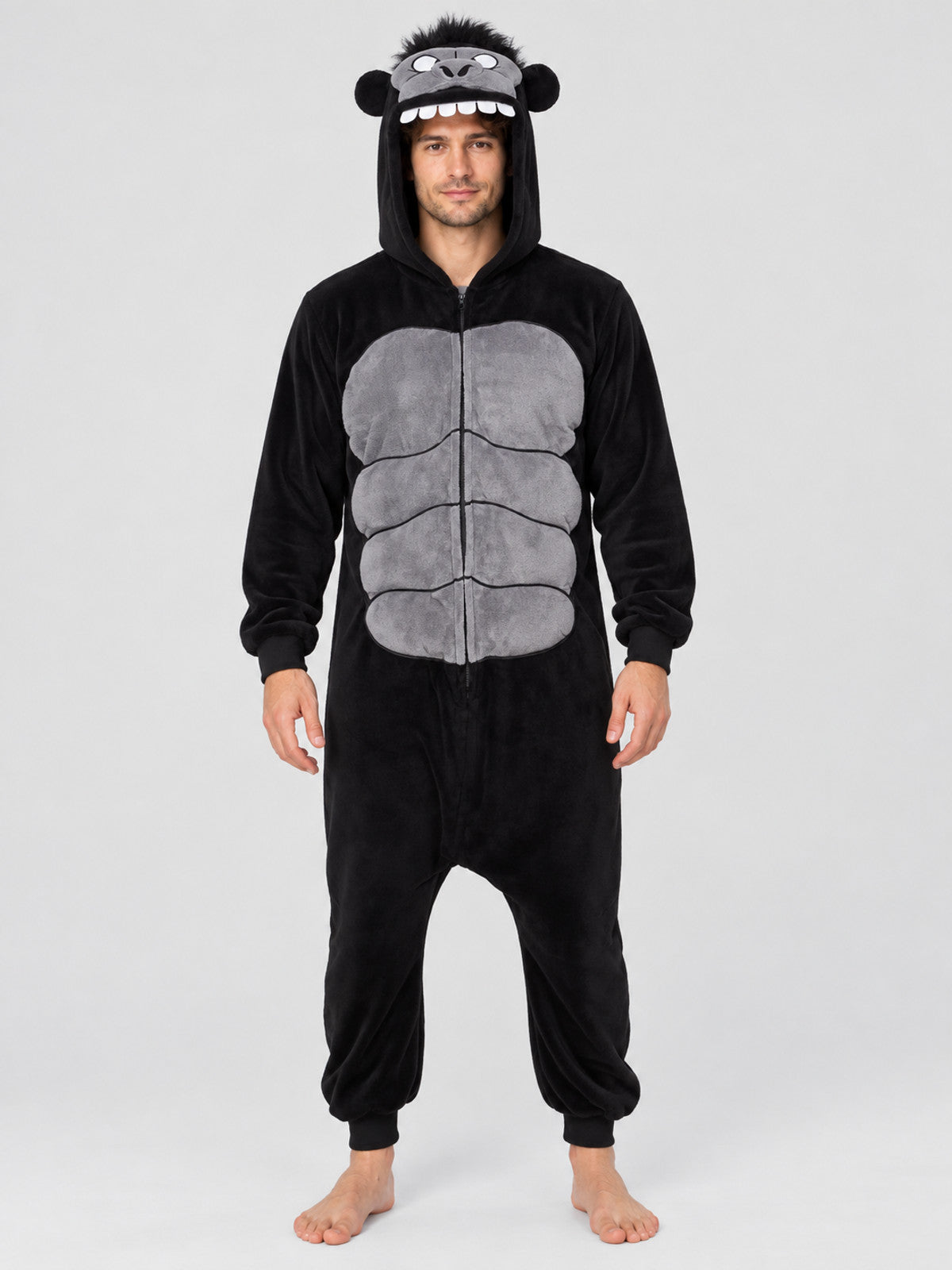 Black and gray hooded kigurumi jumpsuit with a face design
