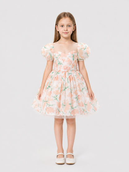 Princess Dress for Girls with Floral Print and Bow