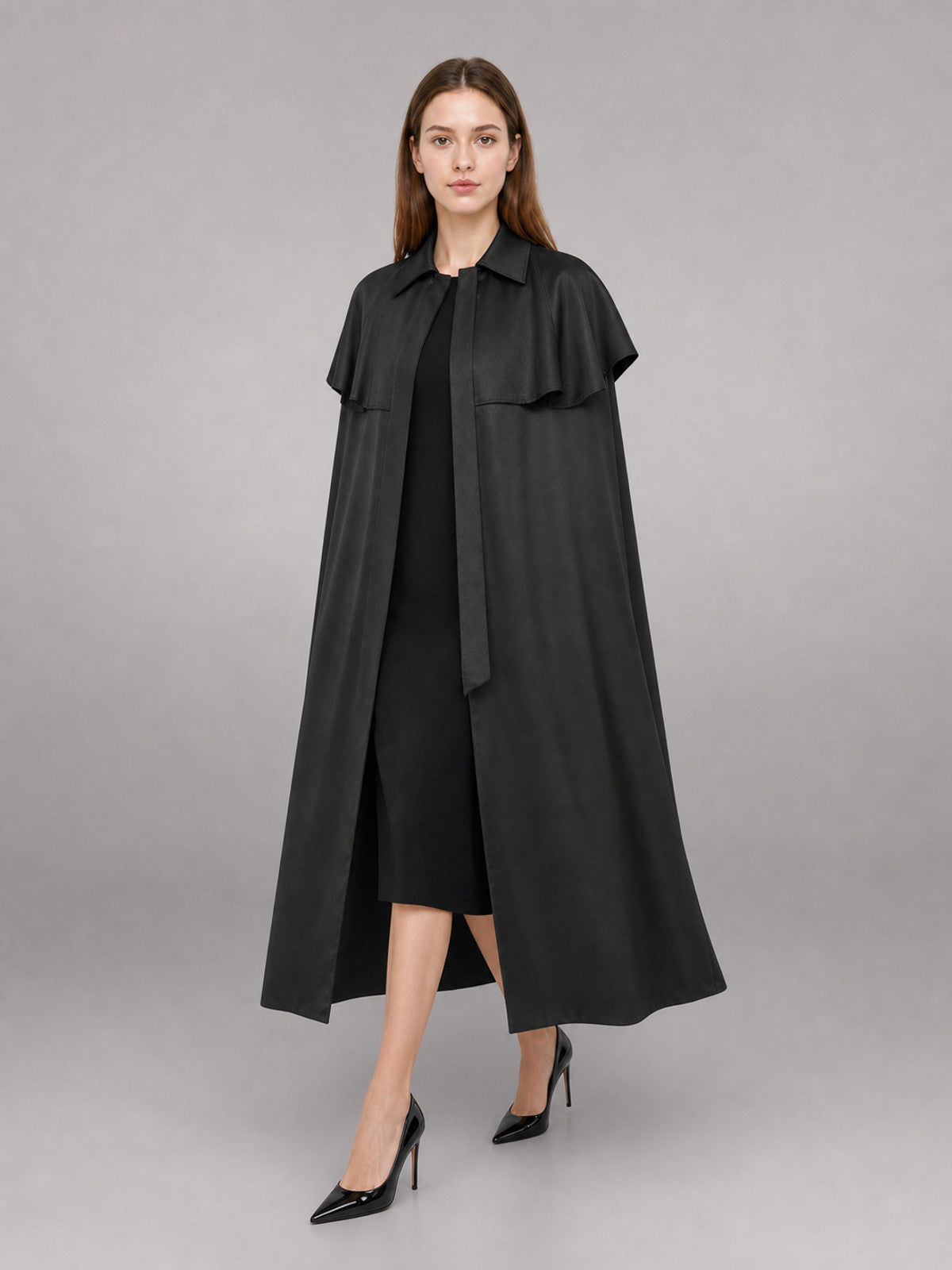 Black Medieval Long Carnival Cloak front view