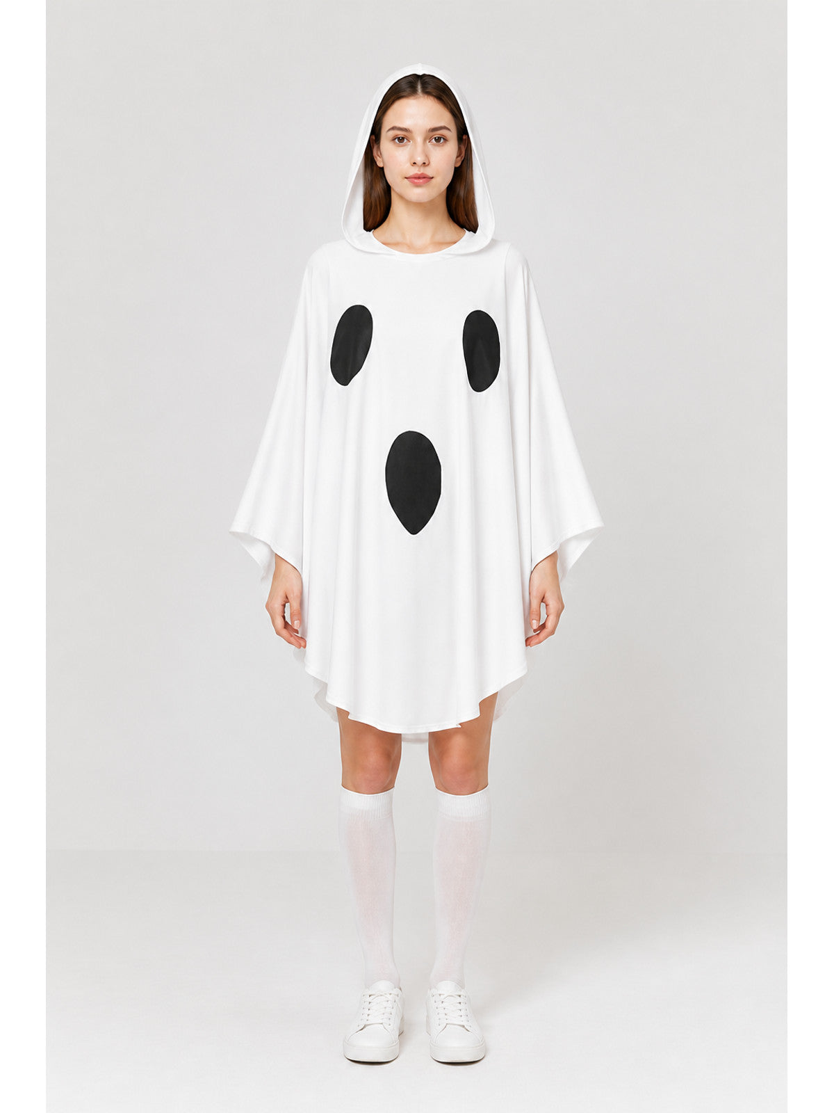 White hooded ghost cape shown full-body on a model, with wide sleeves and three black oval patches