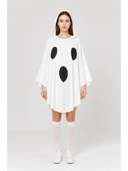 White hooded ghost cape shown full-body on a model, with wide sleeves and three black oval patches