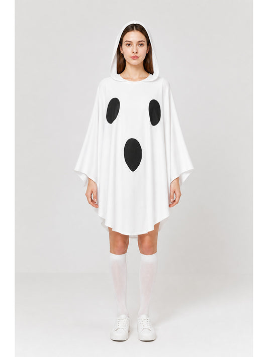 White hooded ghost cape shown full-body on a model, with wide sleeves and three black oval patches