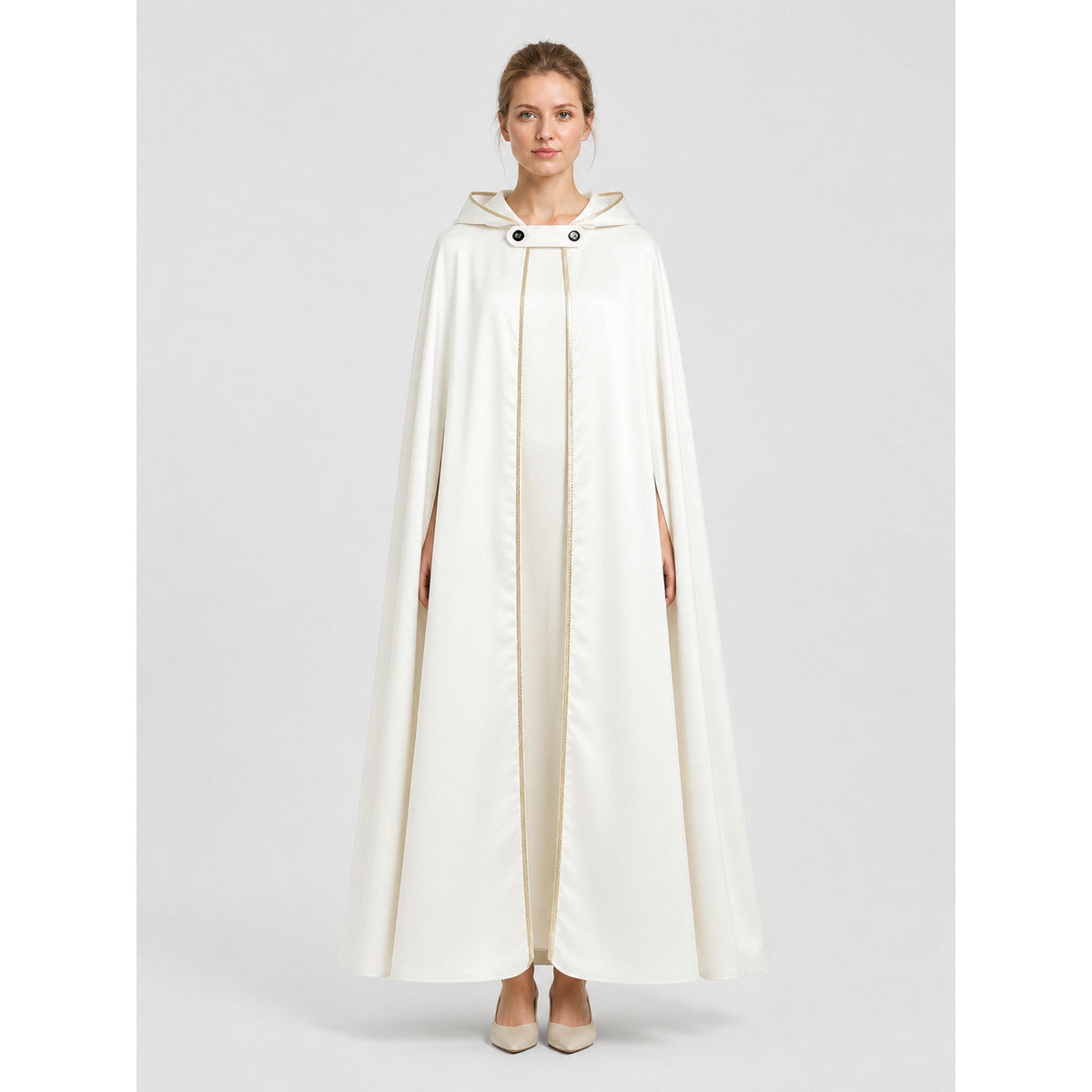 White Hooded Cape with Gold Trim for the Stage on-model view