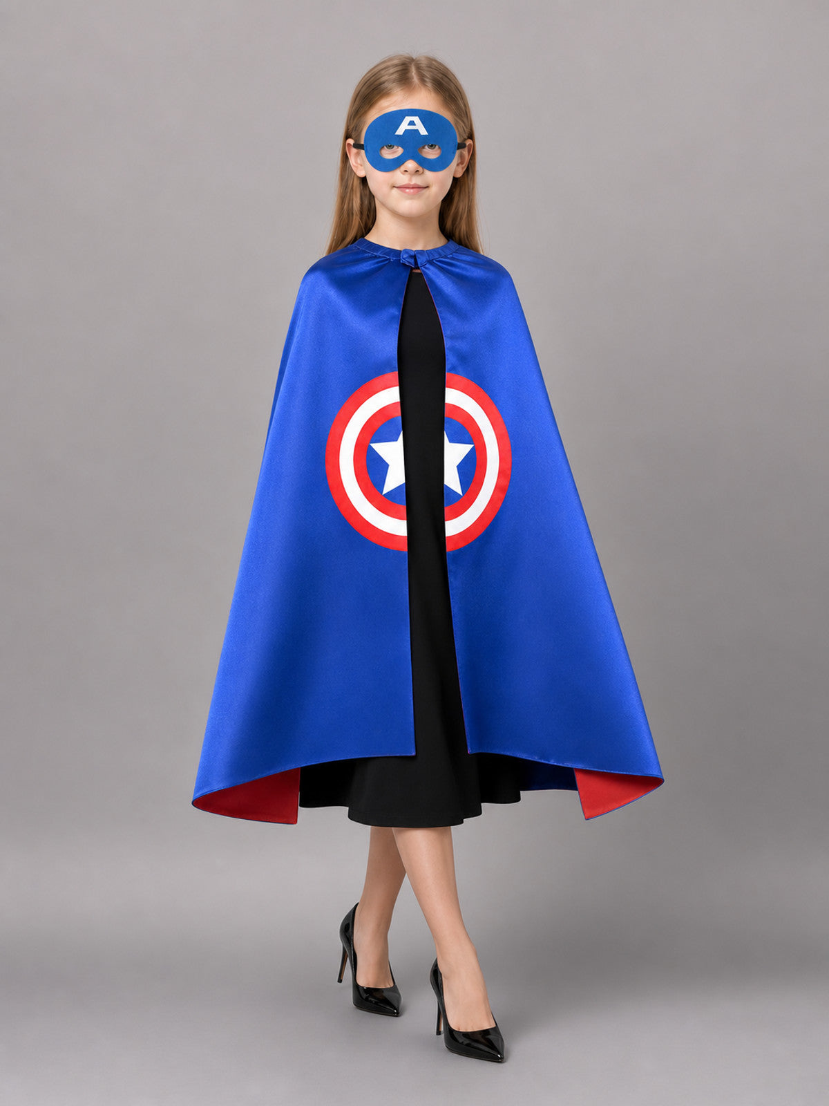 Blue Carnival Cape with Superhero Mask front view