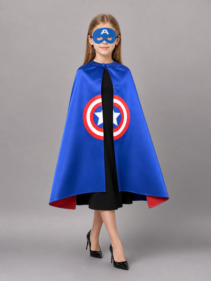 Blue Carnival Cape with Superhero Mask front view