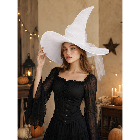 White Halloween Witch Hat With Wide Floppy Brim, Sheer Layered Fabric, Curved Pointed Crown And Trailing Veil For Cosplay Costume Party