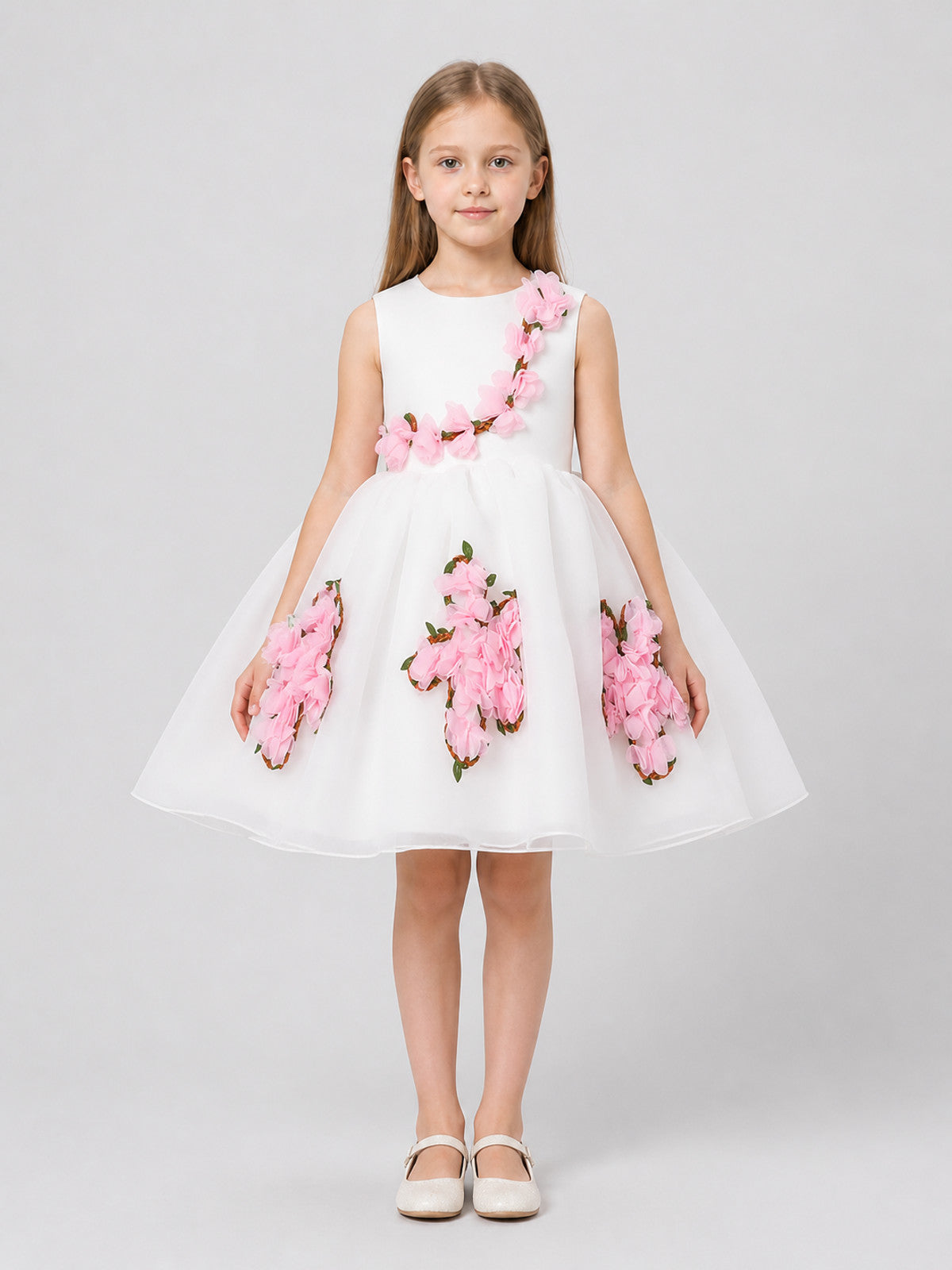Children's organza dress with a full skirt and flowers on-model view