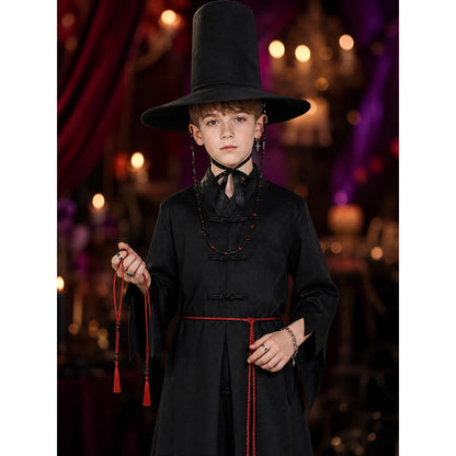 Black Magic Fantasy Role-Play Costume Set with Pointed Hat and Accessories on-model view
