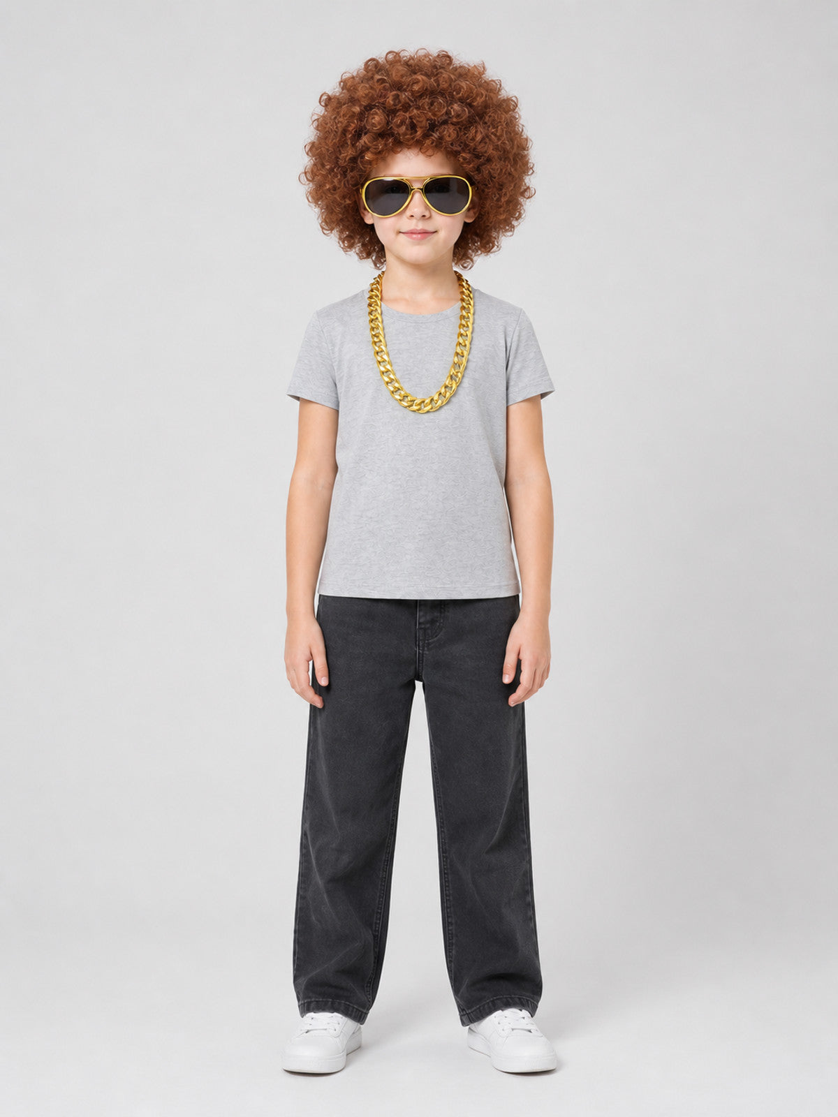 Costume accessory set: wig, glasses, chain on-model view