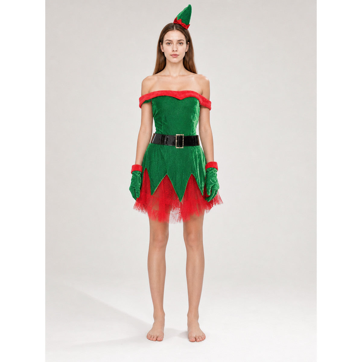 New Year's elf costume with green hat on-model view