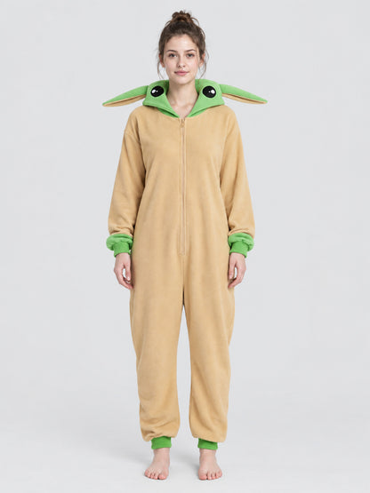 Flannel Pajama Jumpsuit with Green Hood