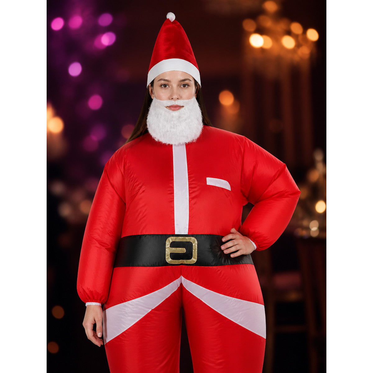 Red Santa Claus Costume Jumpsuit for Adults with Hat and White Beard on-model view