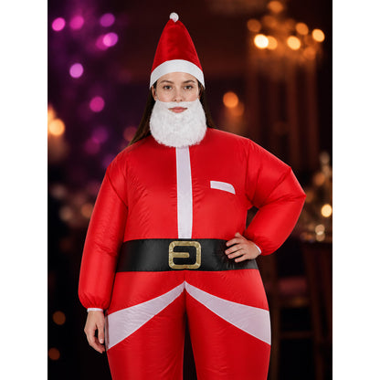 Red Santa Claus Costume Jumpsuit for Adults with Hat and White Beard on-model view