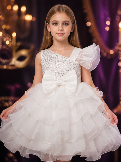 Girls' White Princess Dress with Sequins, Bow, and Layered Ruffle Skirt on-model view