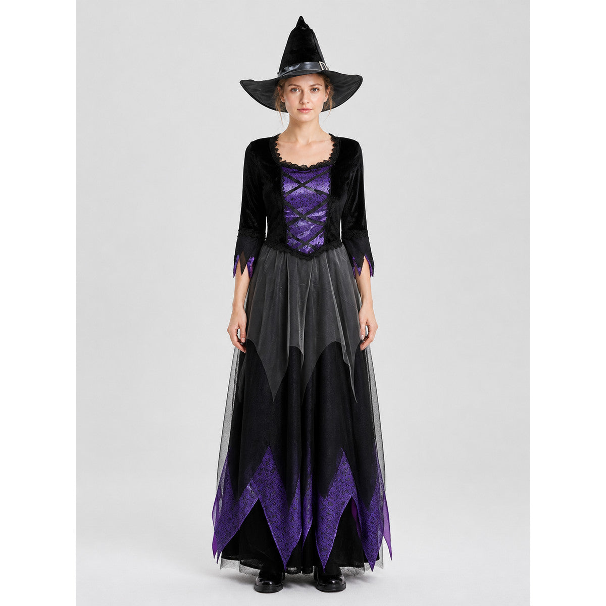 Black and Purple Long-Sleeved Cosplay Dress on-model view