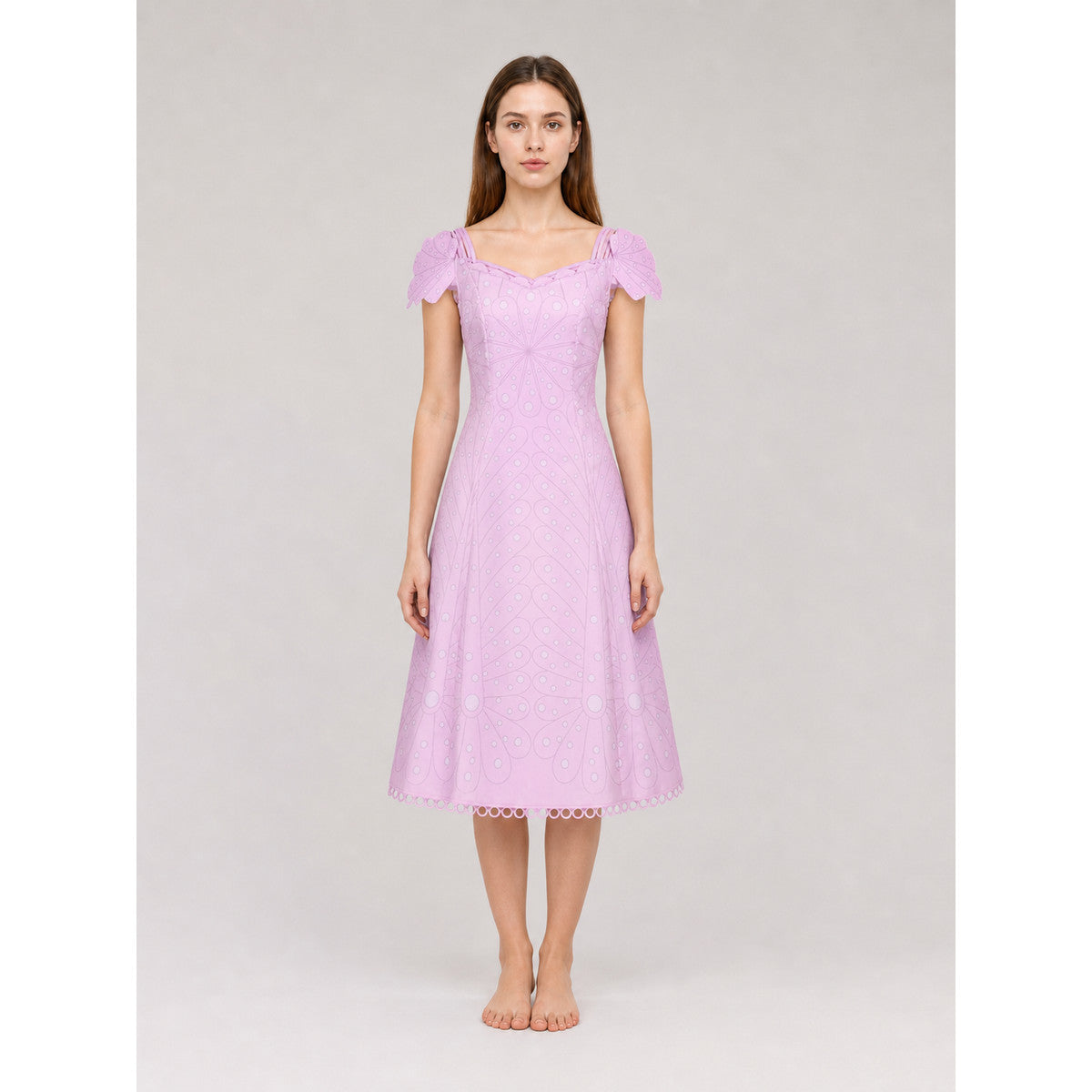 Pink Cosplay Dress with Bow Accents and Pattern on-model view