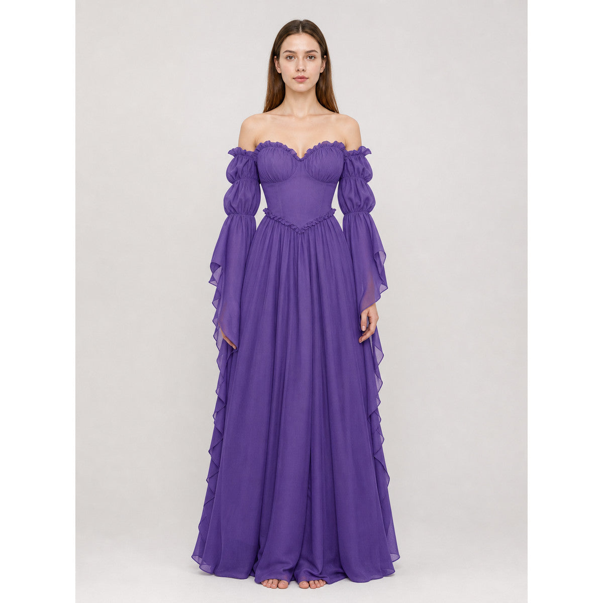 Purple off-the-shoulder dress in a historical style
