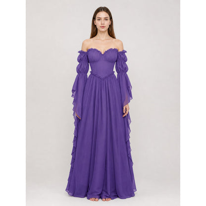 Purple off-the-shoulder dress in a historical style