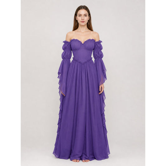 Purple off-the-shoulder dress in a historical style