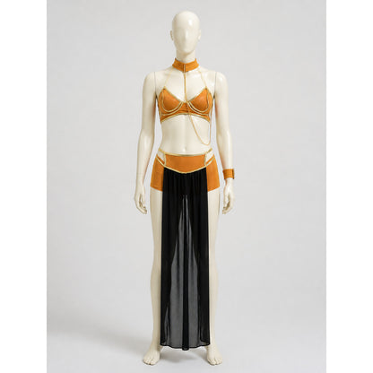 Gold-and-black cosplay costume with chains and a sheer skirt on-model view
