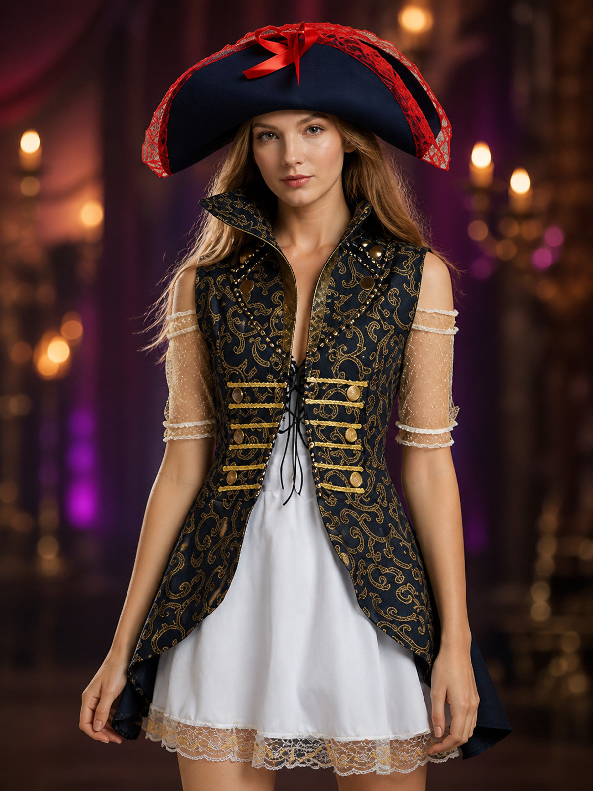 Adult Pirate Halloween Costume Set, 3 Piece with Black Hat, White Dress & Jacket on-model view