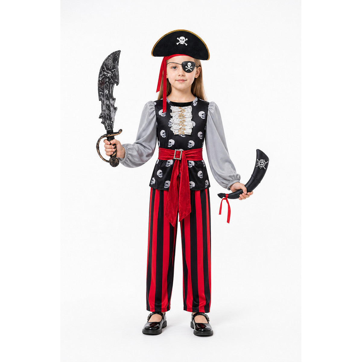Pirate Costume with Skull, Hat, and Stripes main product view