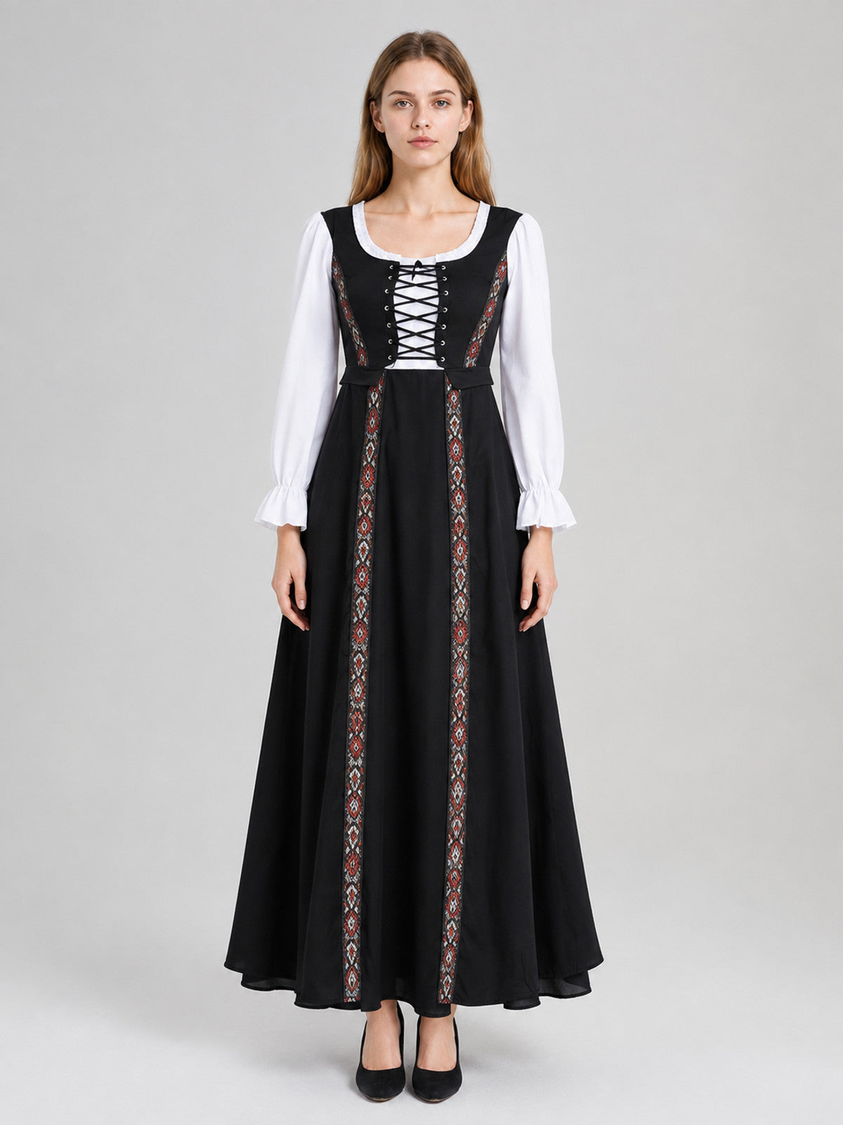 Long Black Historical-Style Dress with Lacing on-model view