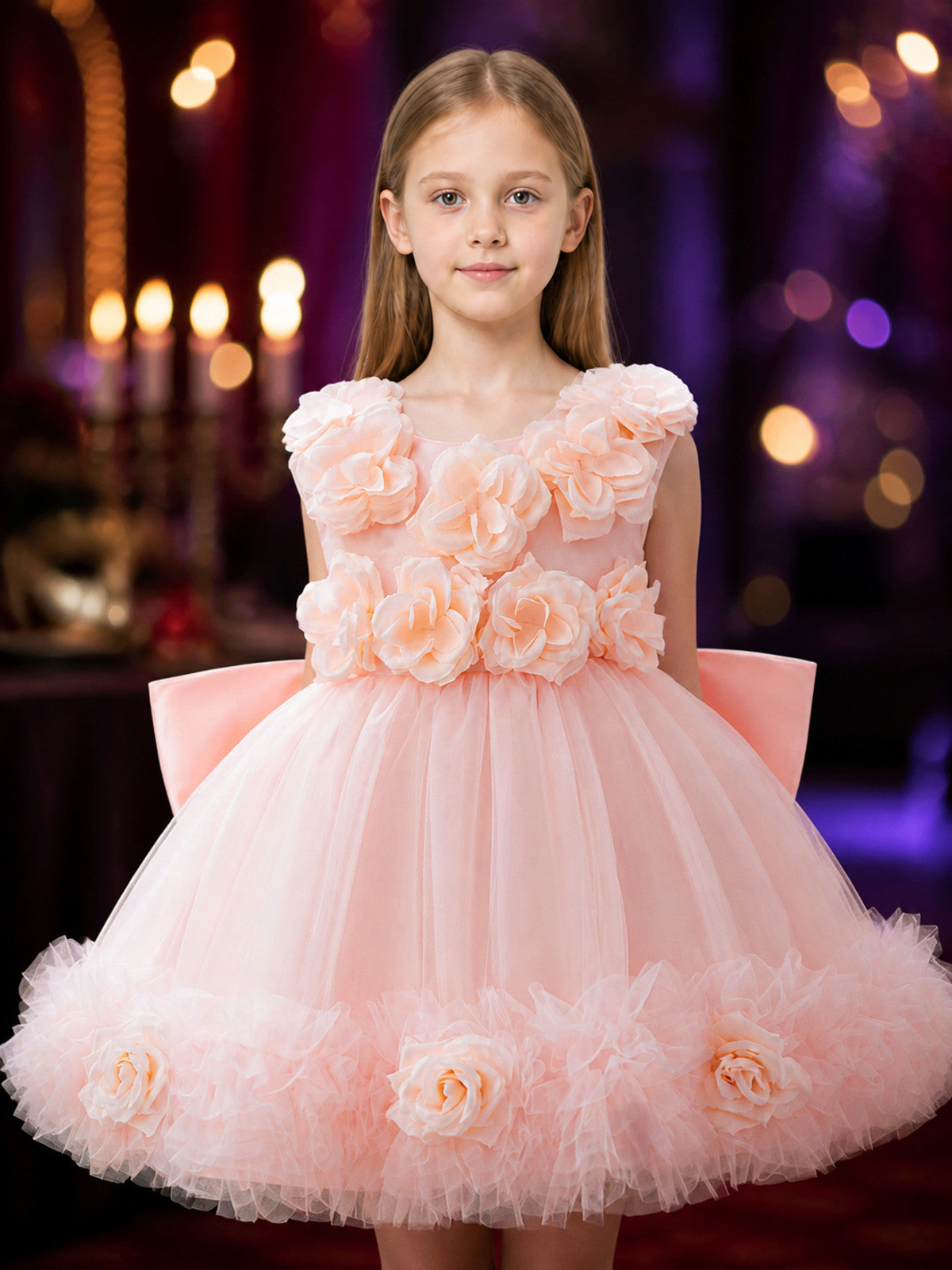 Girls' Princess Flower Girl Dress, Layered Tulle Rose Detail Ruffle Gown on-model view