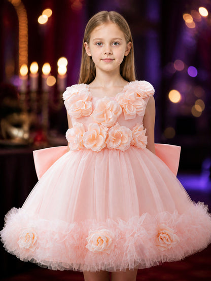 Girls' Princess Flower Girl Dress, Layered Tulle Rose Detail Ruffle Gown on-model view