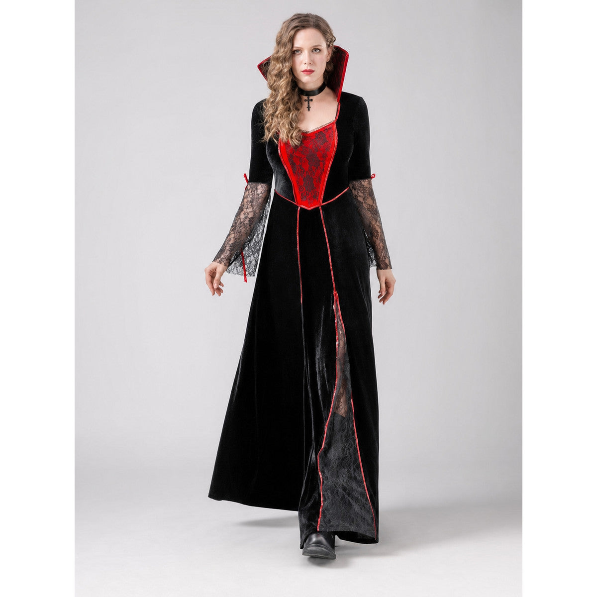 Gothic Costume Dress with Red Trim and Collar on-model view