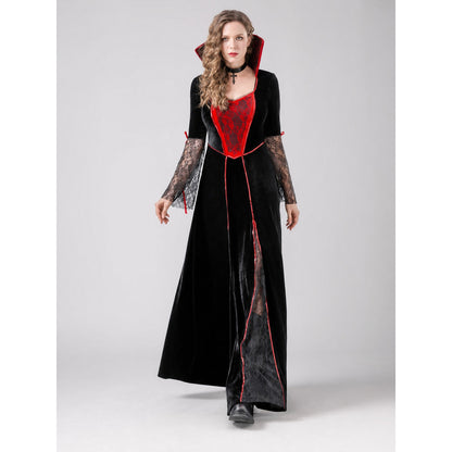 Gothic Costume Dress with Red Trim and Collar on-model view