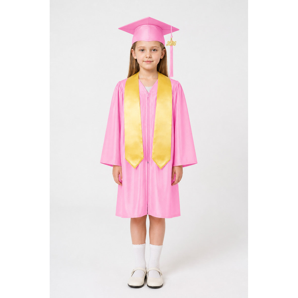 Pink children's graduation gown with cap and cape main product view