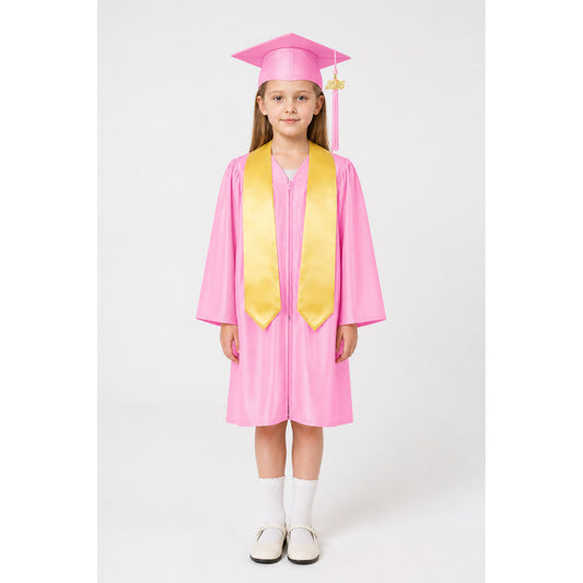 Pink children's graduation gown with cap and cape main product view