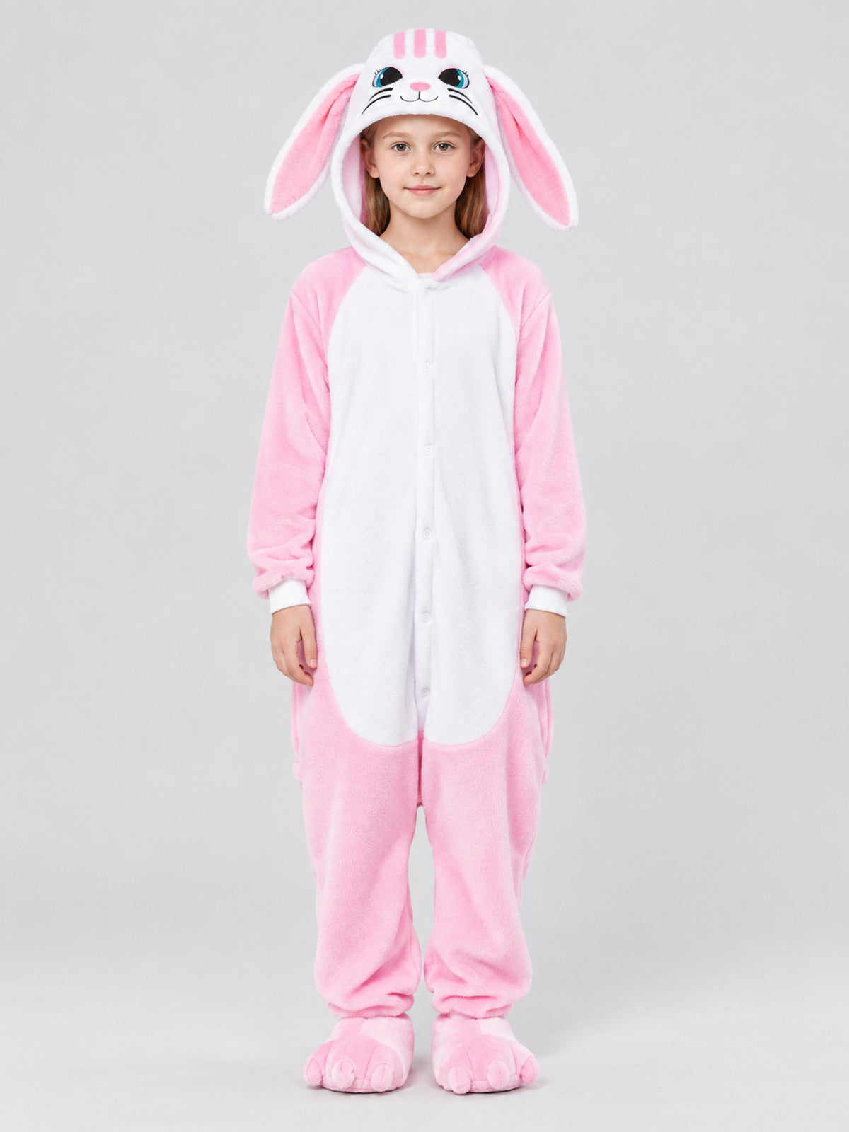 Pajama jumpsuit with bunny ears, white and pink