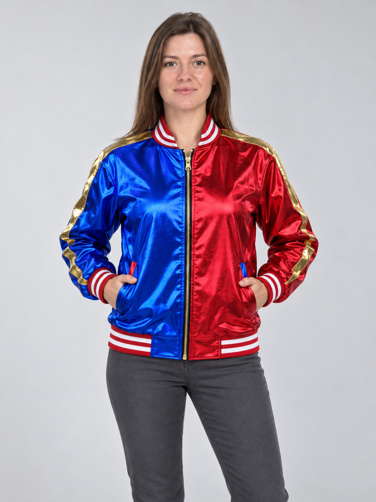 Harley Quinn Cosplay Jacket Blue and Red with Gold Embroidery