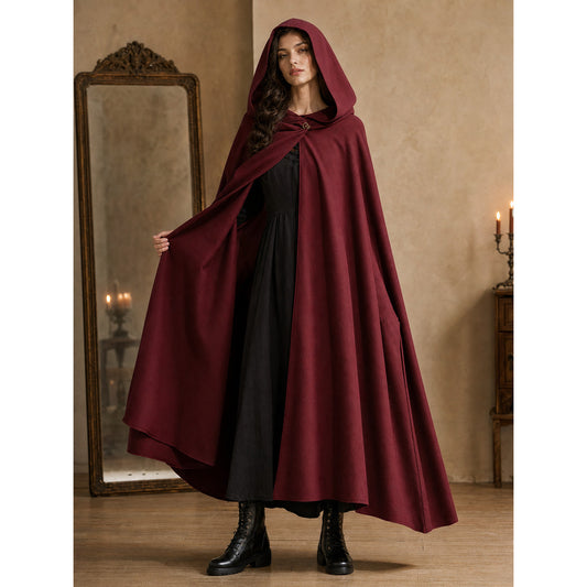 Medieval Hooded Cloak Wine Red Cape with Overlapping Front and Irregular Draped Hem for Cosplay, Theme Parties, Stage Performances and Fantasy Photography