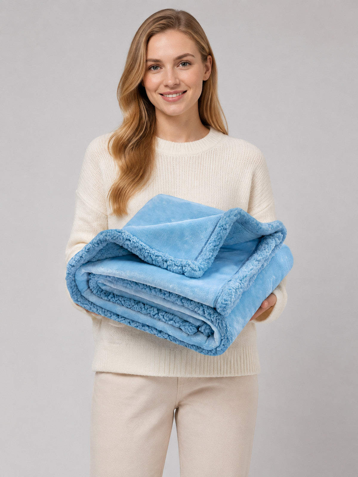 Reversible Pet Blanket: Sherpa and Flannel on-model view