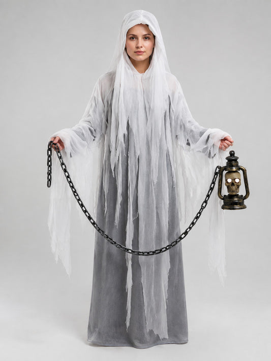 Hooded Ghost Costume with Chain and Lantern on-model view