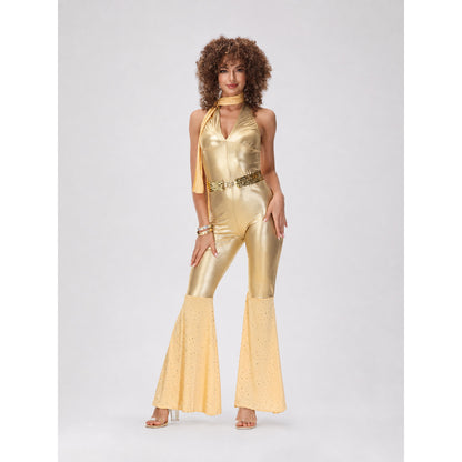 ’80s Disco Costume: Retro Halter Jumpsuit on-model view