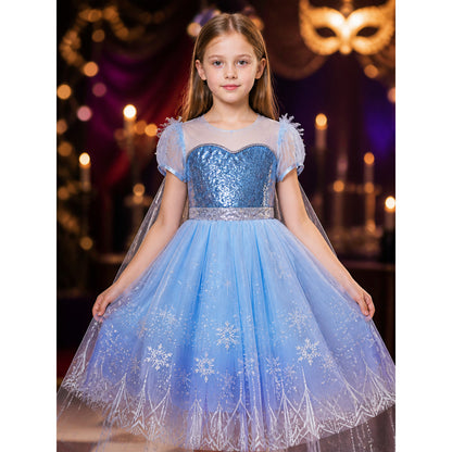 Kids Snow Queen Princess Dress, Sequined Puffy Gown with Snowflakes, Halloween on-model view