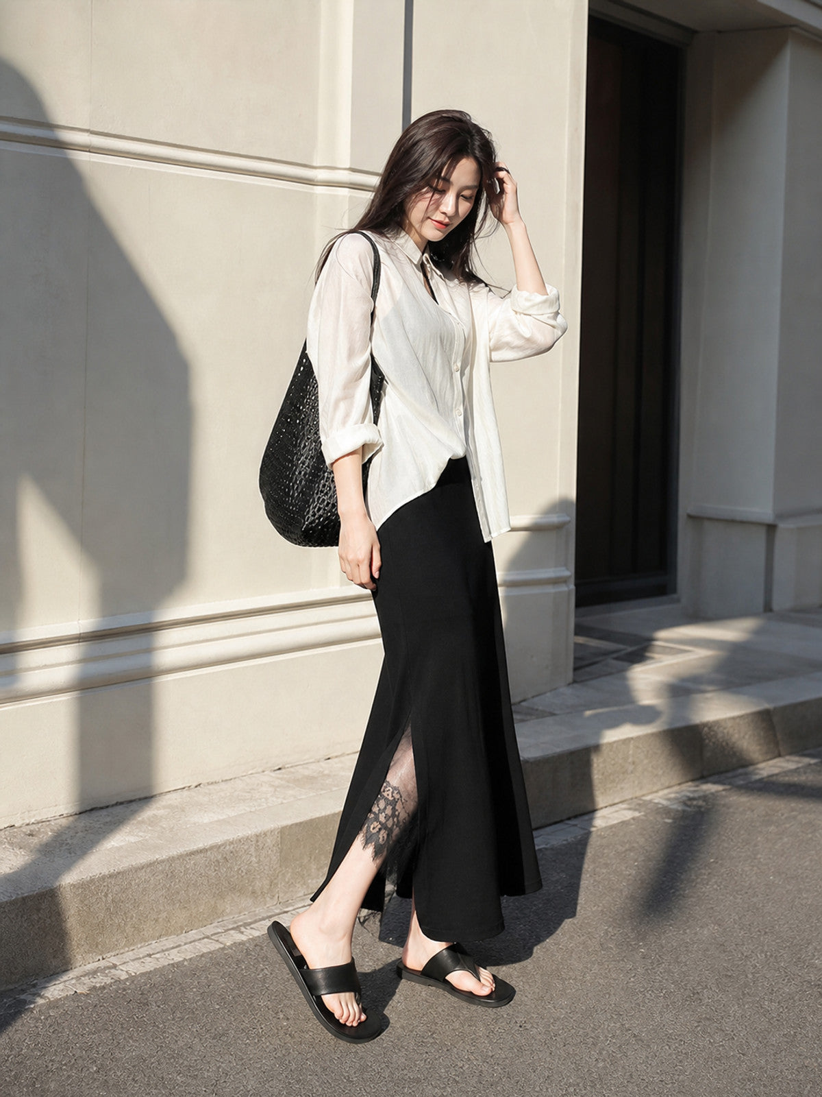 Women's Long Black Straight-Cut Skirt with Slit main product view