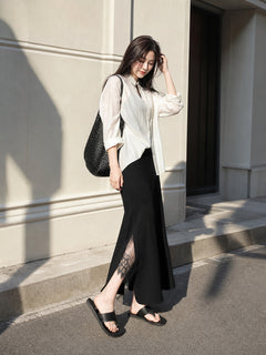 Women's Long Black Straight-Cut Skirt with Slit