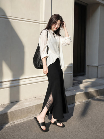 Women's Long Black Straight-Cut Skirt with Slit main product view