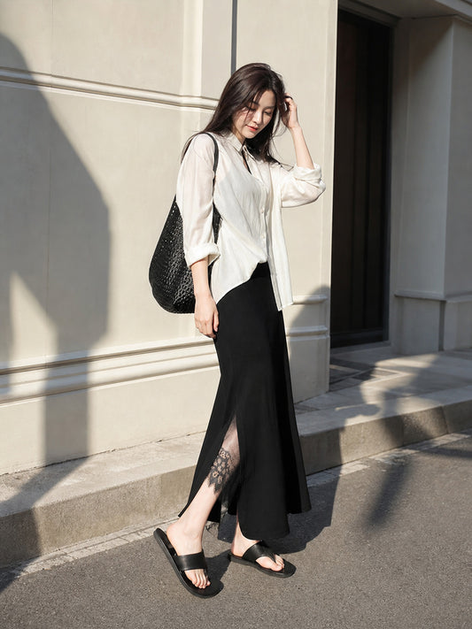 Women's Long Black Straight-Cut Skirt with Slit main product view