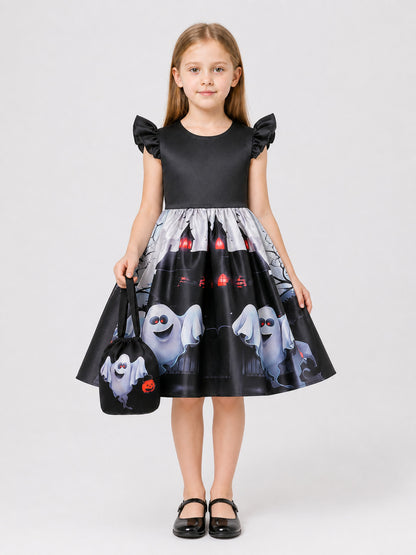 Halloween Printed Dress with Full Skirt and Handbag on-model view