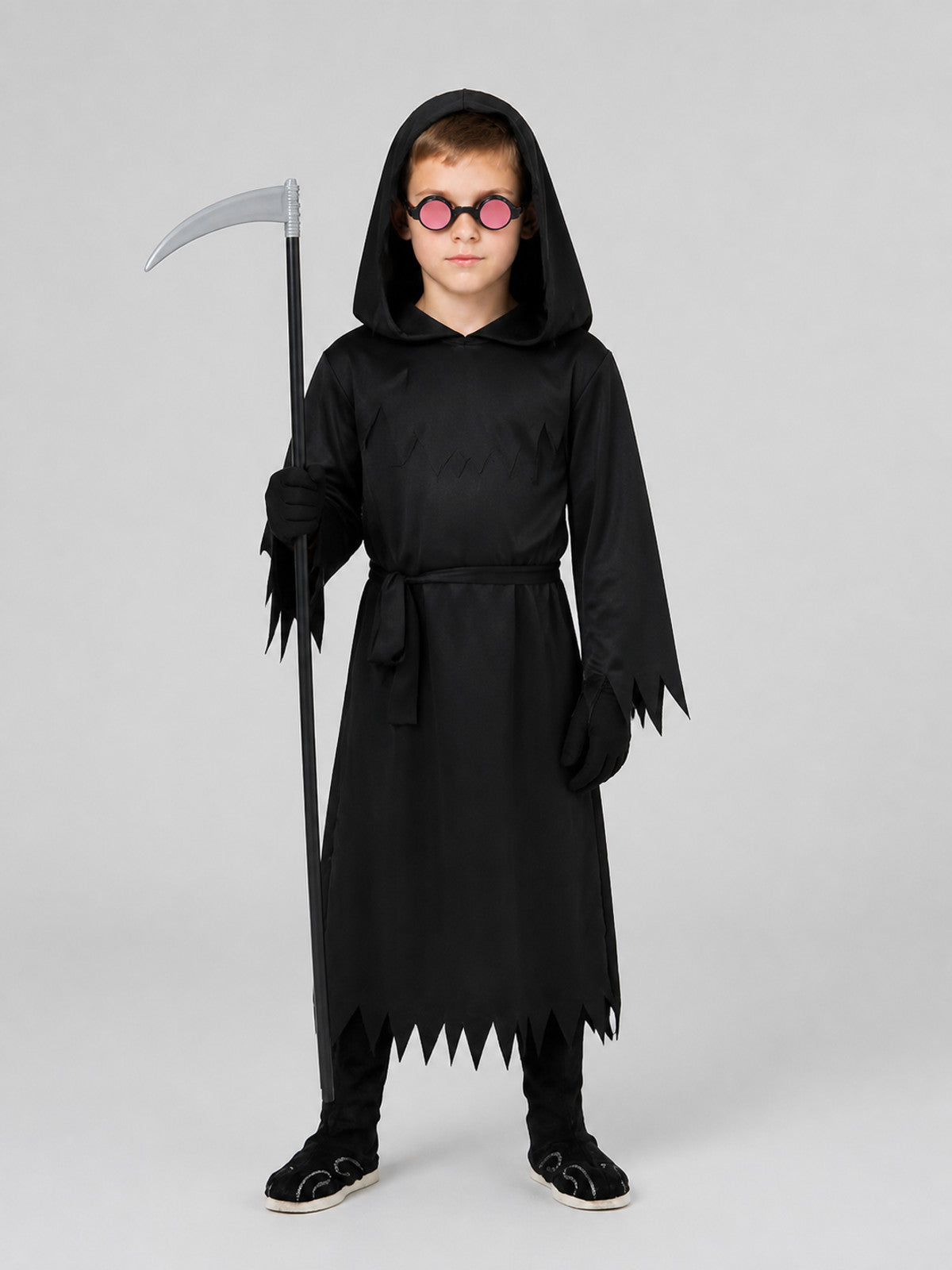 Skeleton Costume: Black Hooded Robe with Scythe