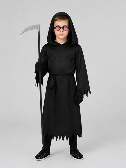 Skeleton Costume: Black Hooded Robe with Scythe