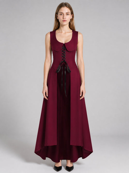 Long Cosplay Dress with Black Lace-Up Detail on-model view