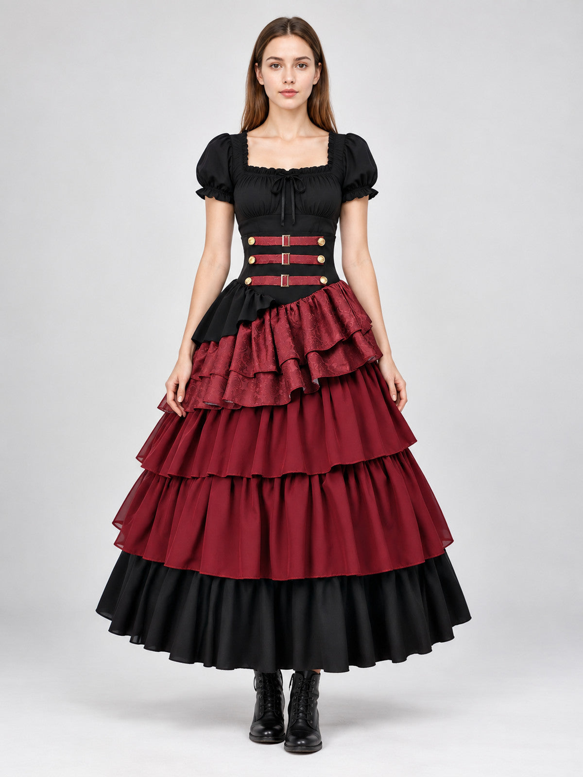 Burgundy-and-Black Tiered Skirt with Straps on-model view